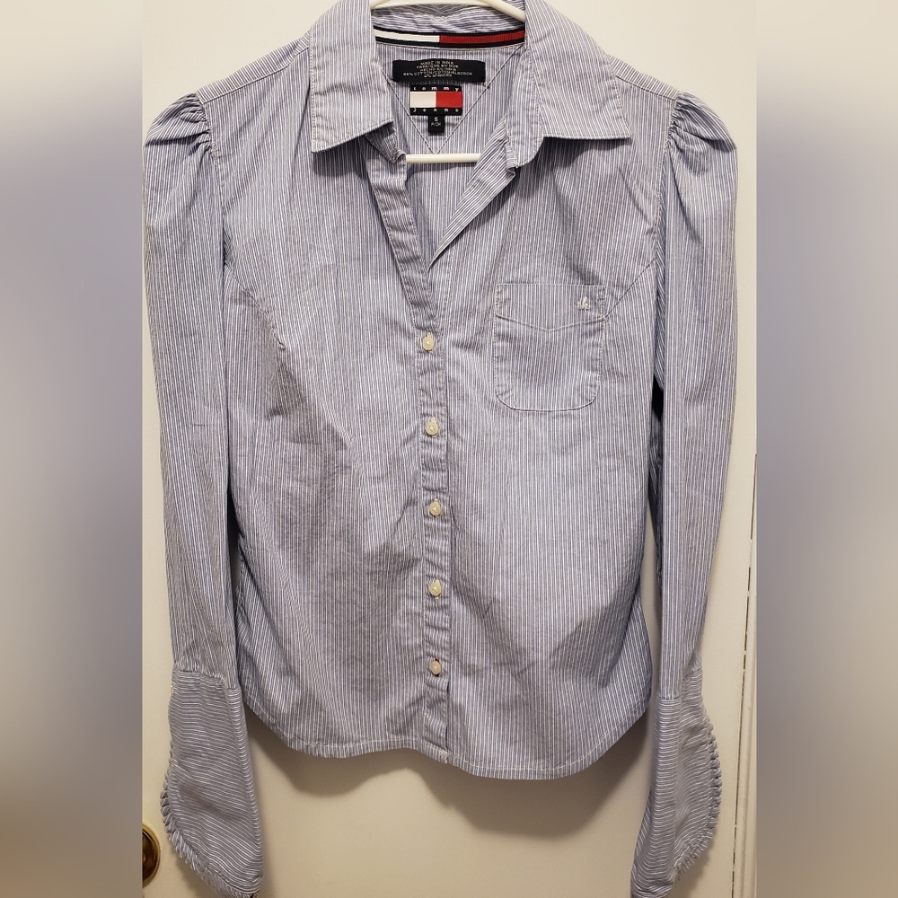 Tommy Hilfiger Blue Pin Striped Button Down Flared Sleeve Top Women's Size Small